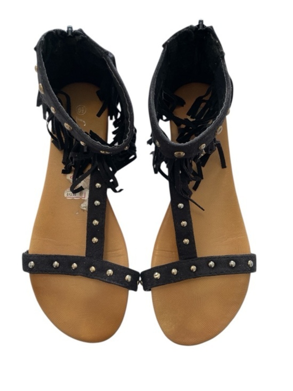 Lucita Black Studded Fringe T-Strap Sandals